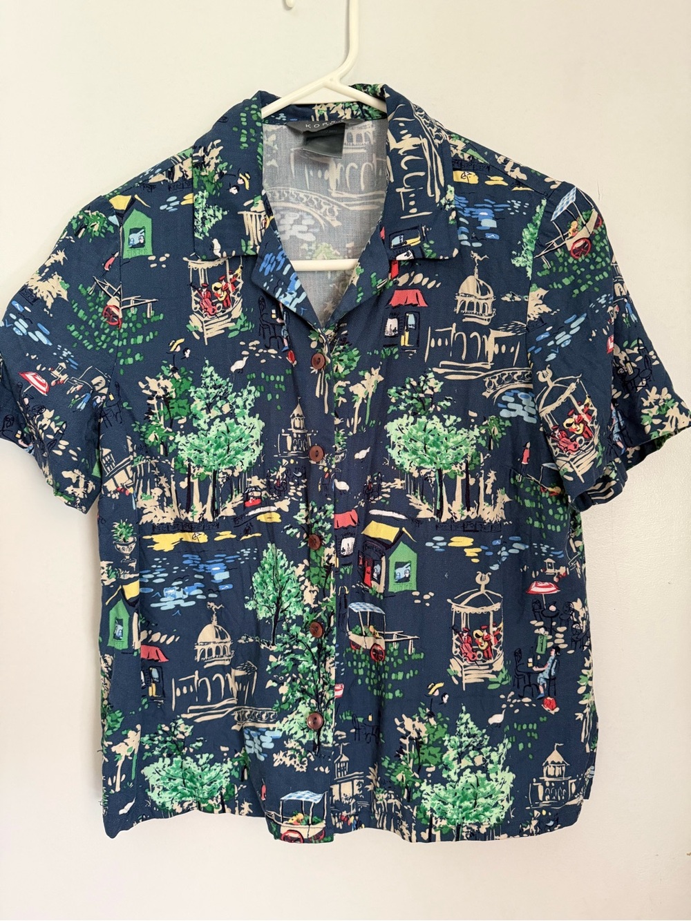 Koret Navy Scenic Print Button-Down Shirt with Green & Cream Accents